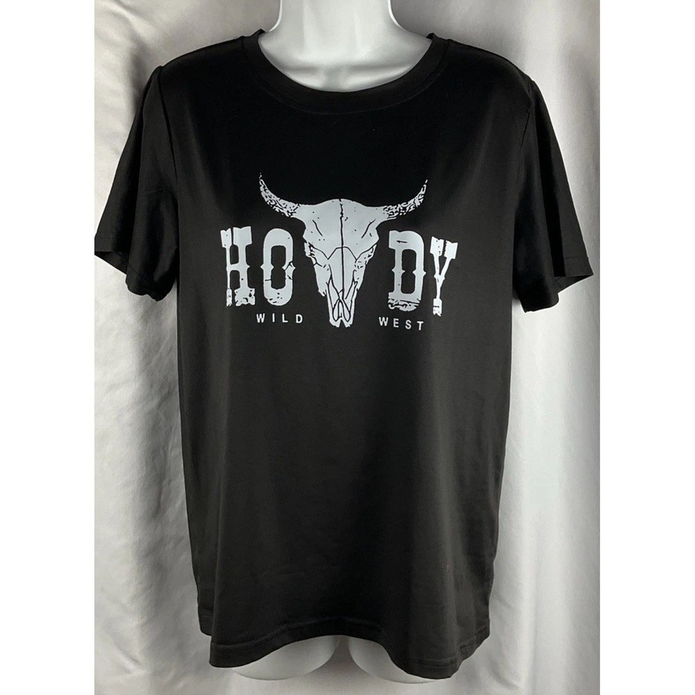 Women's Size M Black Howdy Graphic Steer Skull Western Short Sleeve T Shirt